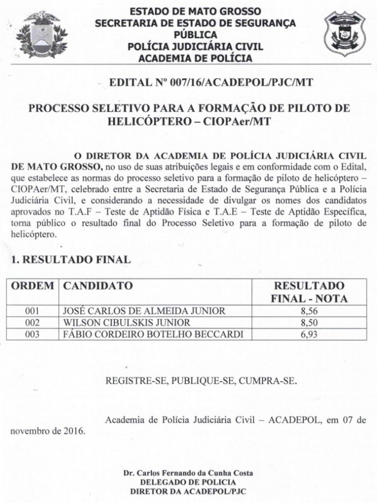 Acadepol publica resultado final de processo seletivo para piloto de helicóptero do Ciopaer