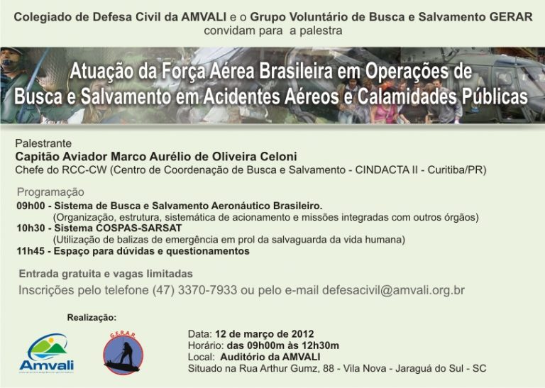 Palestra sobre Sistema de Busca e Salvamento acontecerá em Santa Catarina