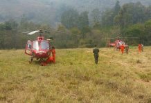 GOA combate incêndio florestal na Serra de Petrópolis/RJ Prioridade foi para pontos onde as chamas estavam próximas a residências (Foto: Divulgação / Corpo de Bombeiros)