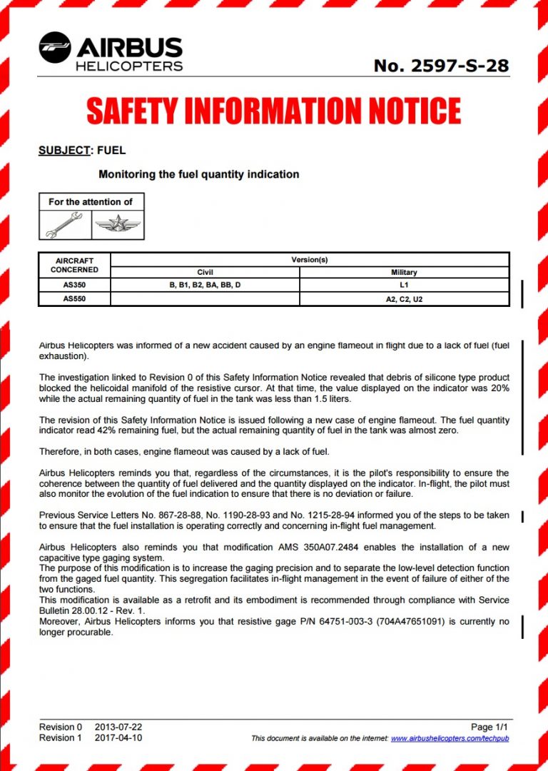 Informação de Segurança – Monitorização da indicação de combustível no AS350