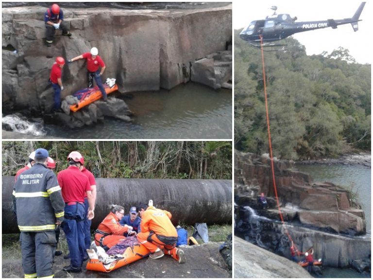 Helicóptero do SAERFron realiza salvamento de vítima de queda em cachoeira
