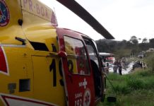 Equipe aeromédica do Corpo de Bombeiros de MG resgata vítimas de acidente envolvendo ônibus e caminhão na BR-354