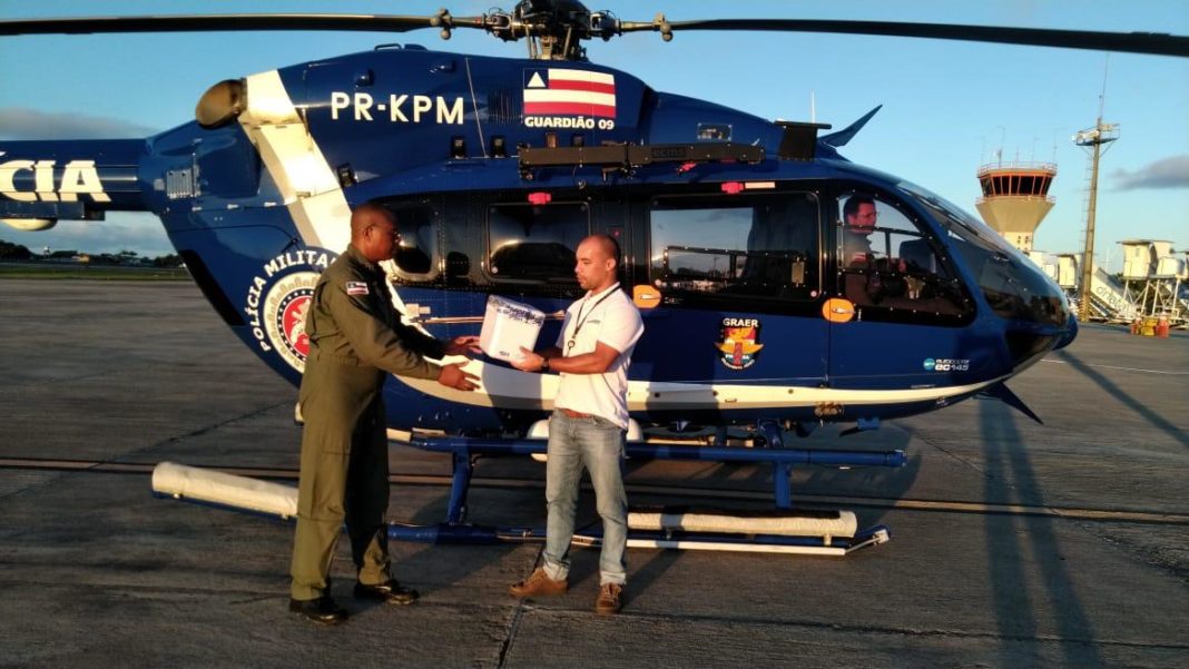 Grupamento aéreo (GRAER) da Polícia Militar da Bahia, dá suporte no combate ao COVID19. Foto: Divulgação