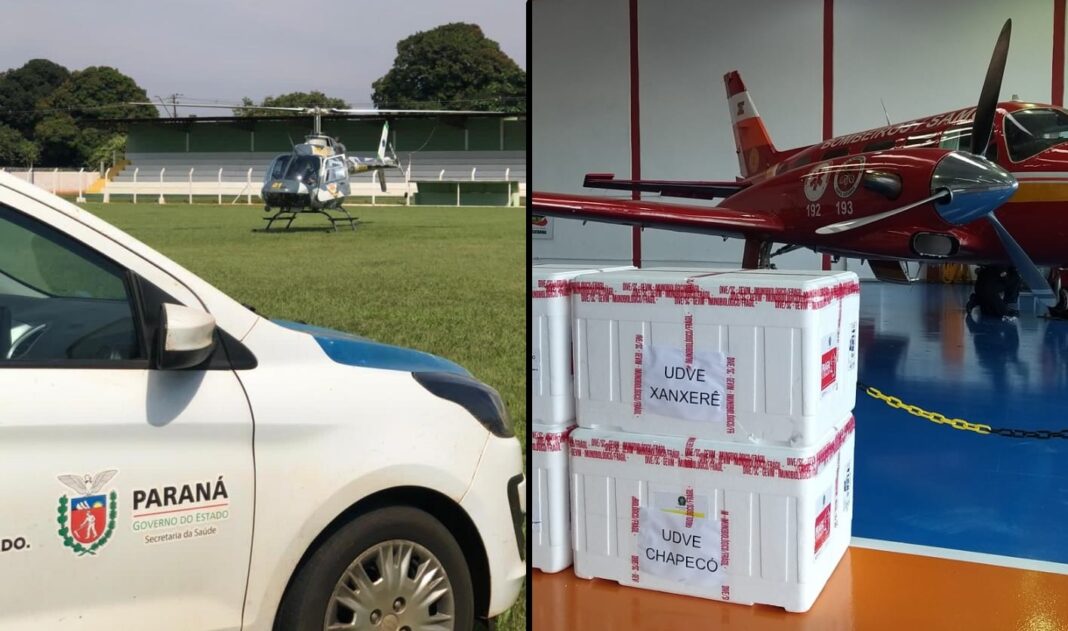 No Paraná, para a distribuição das vacinas contra a COVID-19 foi utilizado o helicóptero Falcão 01 do BPMOA.