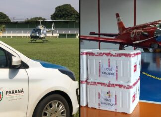 Aeronaves da Polícia Militar do PR e do Corpo de Bombeiros de SC distribuem vacinas contra a COVID-19