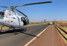 Vítima de grave acidente de motocicleta na PR-317 é resgatada pelo helicóptero do SAMU